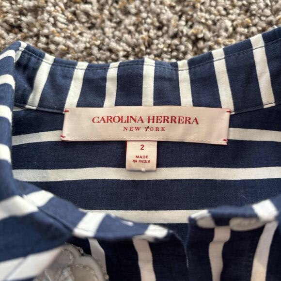 Carolina Herrera NY Shirt 2 Blue White Stripe Button Front Floral Appliqué - Picture 5 of 12